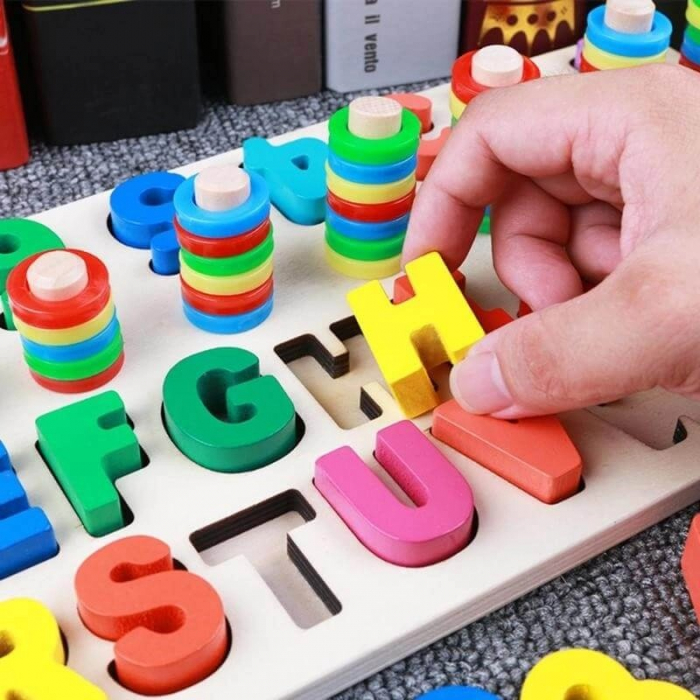 Jucarie multifunctionala din lemn puzzle si joc de stivuit - Alphanumeric pairing puzzle [3]