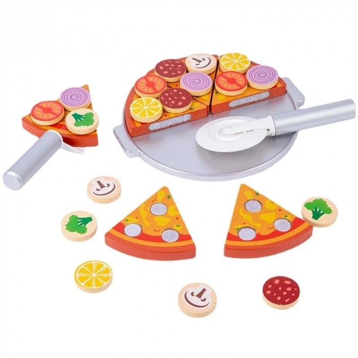 Jucărie tip Montessori din lemn Pizza cu farfurie si ustensile de feliat [5]