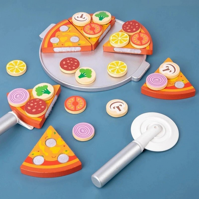 Jucărie tip Montessori din lemn Pizza cu farfurie si ustensile de feliat [3]