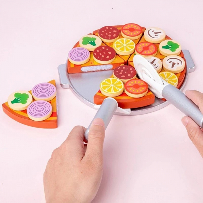 Jucărie tip Montessori din lemn Pizza cu farfurie si ustensile de feliat [2]