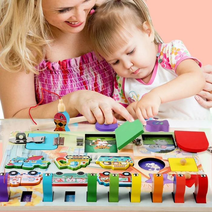 Placa de activitati din lemn - usi cu inchizatori, puzzle vehicule, puzzle forme geometrice cu butoni, pescuit magnetic [2]
