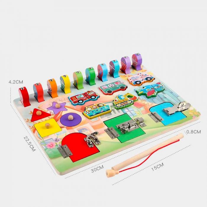 Placa de activitati din lemn - usi cu inchizatori, puzzle vehicule, puzzle forme geometrice cu butoni, pescuit magnetic [6]