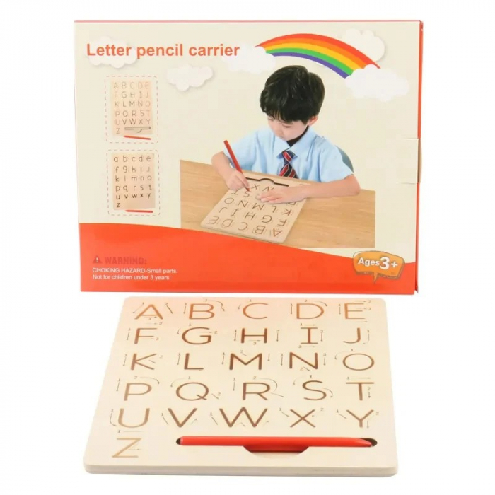 Placa din lemn Montessori cu creion - trasarea literelor mari si literelor mici de tipar [5]