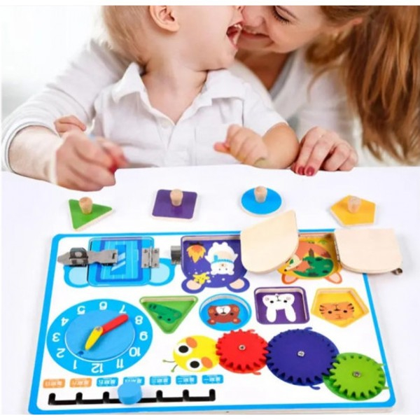 Placa puzzle si activitati Montessori incuietori din lemn, calendar si ceas [2]