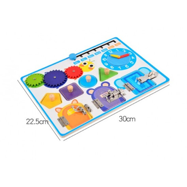 Placa puzzle si activitati Montessori incuietori din lemn, calendar si ceas [4]