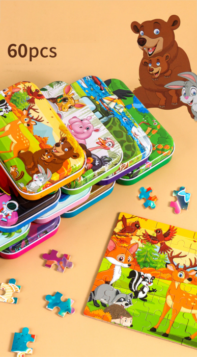 Puzzle 60 de piese in cutie metalica- ANIMALE VESELE IN JUNGLA [2]
