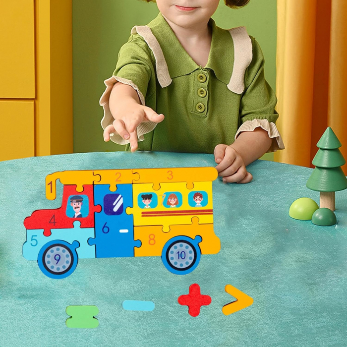 Puzzle din lemn 3D cu piese numerotate si operatii aritmetice Autobuz Scolar [2]