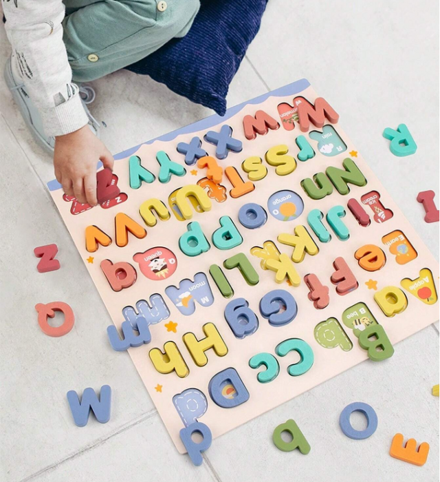 Puzzle din lemn alfabet litere mari si mici de tipar in relief [3]