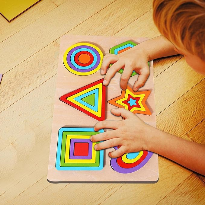 Puzzle din lemn incastru 6 in 1 forme geometrice curcubeu [3]