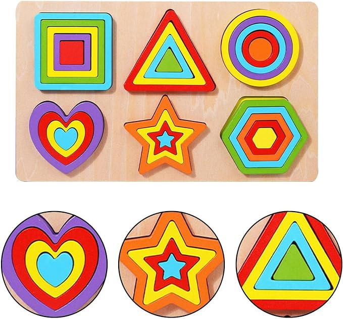 Puzzle din lemn incastru 6 in 1 forme geometrice curcubeu [4]