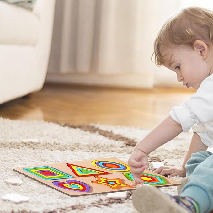 Puzzle din lemn incastru 6 in 1 forme geometrice curcubeu [5]