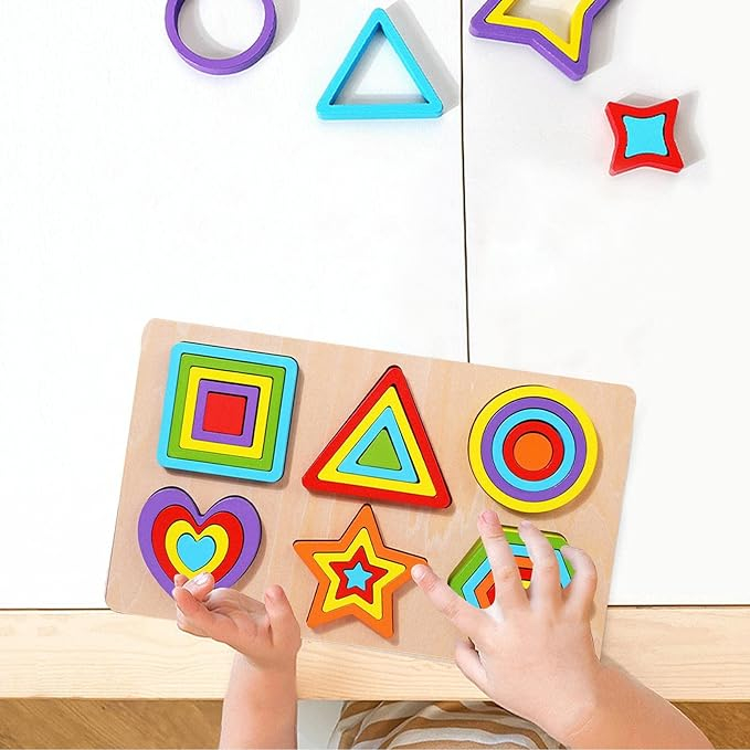 Puzzle din lemn incastru 6 in 1 forme geometrice curcubeu [2]