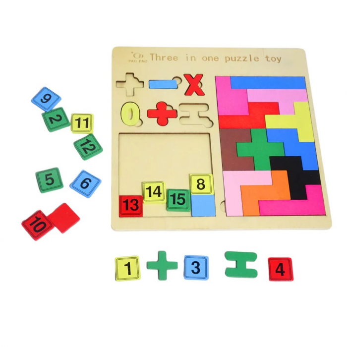 Puzzle incastru din lemn 3 in 1 - numere, operatii matematice, tetris [2]