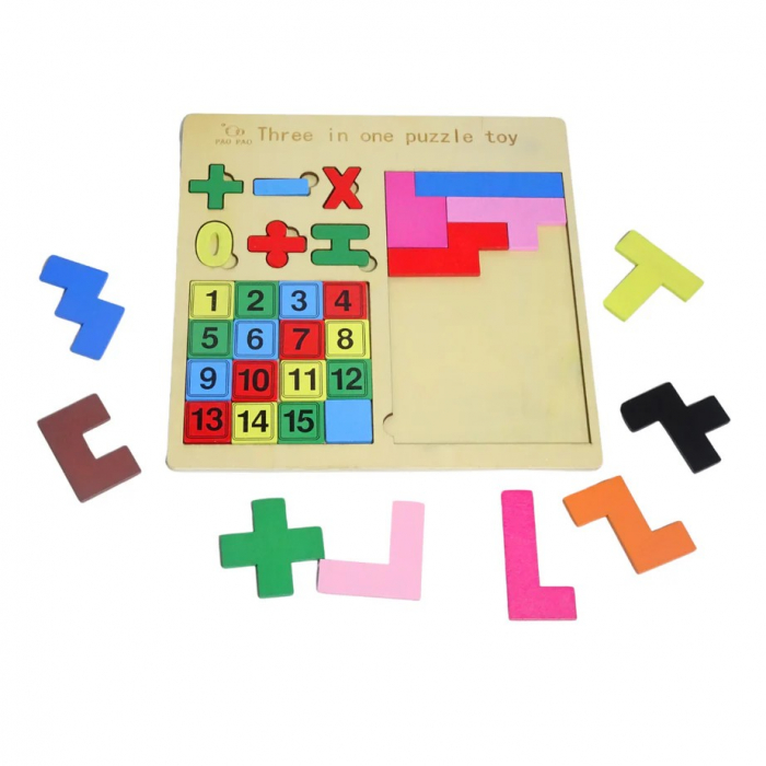 Puzzle incastru din lemn 3 in 1 - numere, operatii matematice, tetris [3]