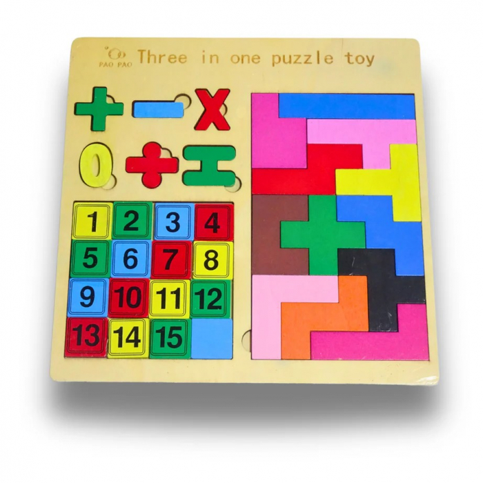 Puzzle incastru din lemn 3 in 1 - numere, operatii matematice, tetris [1]
