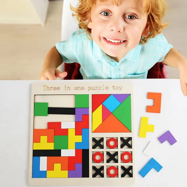 Puzzle incastru din lemn 3 in 1 - tangram forme geometrice, tetris si X si 0 [3]