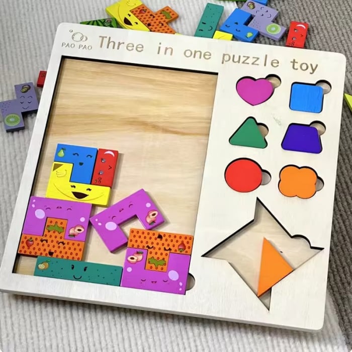 Puzzle incastru din lemn 3 in 1 - tetris fructe, tangram, puzzle forme geometrice [2]
