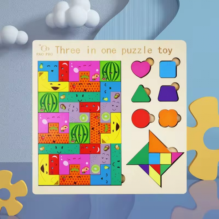 Puzzle incastru din lemn 3 in 1 - tetris fructe, tangram, puzzle forme geometrice [1]