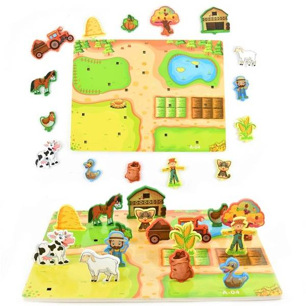 Puzzle incastru din lemn 3D cu 2 fete - scena FERMA [2]