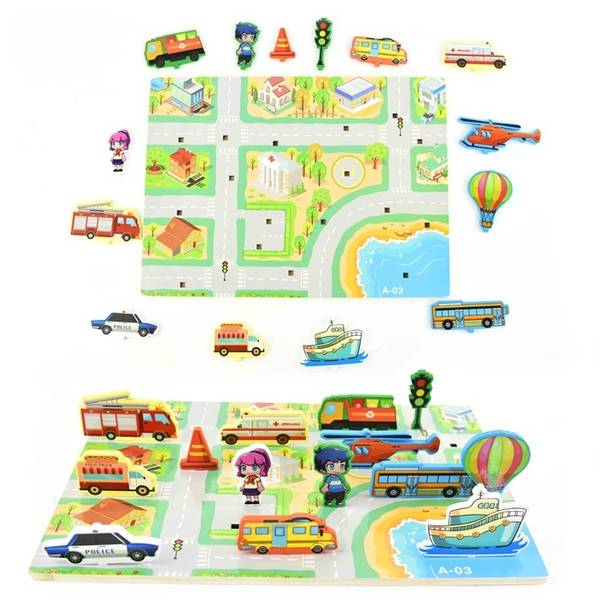 Puzzle incastru din lemn 3D cu 2 fete - scena TRAFIC [2]