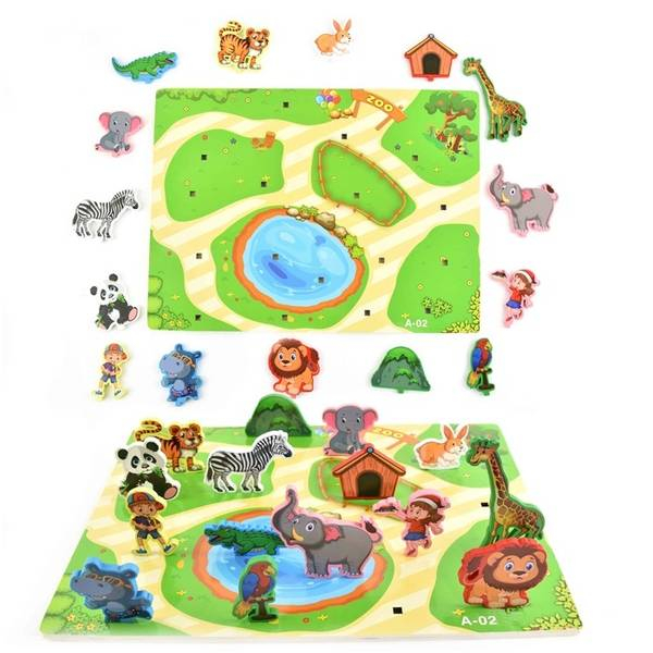 Puzzle incastru din lemn 3D cu 2 fete - scena ZOO [2]
