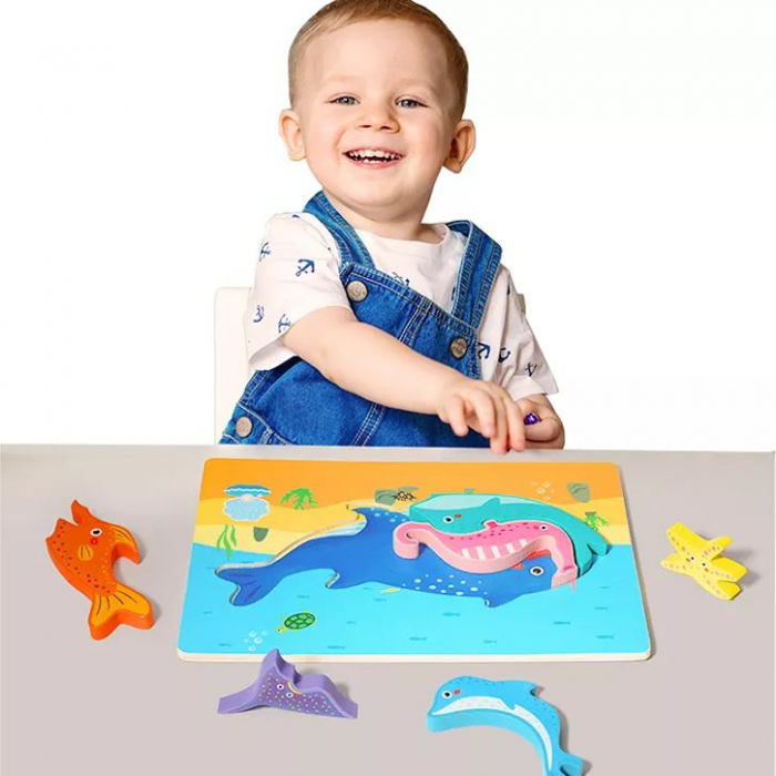 Puzzle incastru din lemn ANIMALE MARINE imbinate [2]