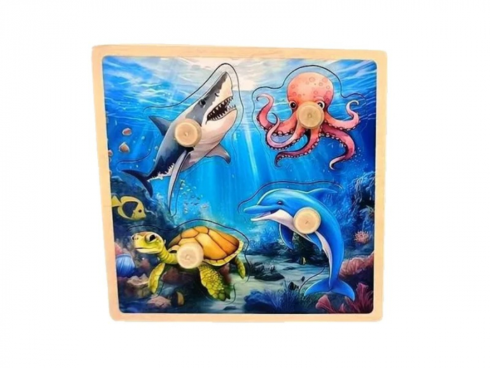 Puzzle incastru din lemn cu butoni 4 piese animale marine [1]