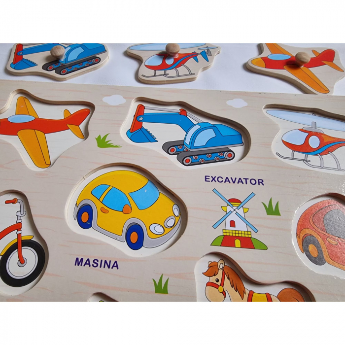 Puzzle incastru din lemn cu butoni - mijloace de transport in limba romana [2]