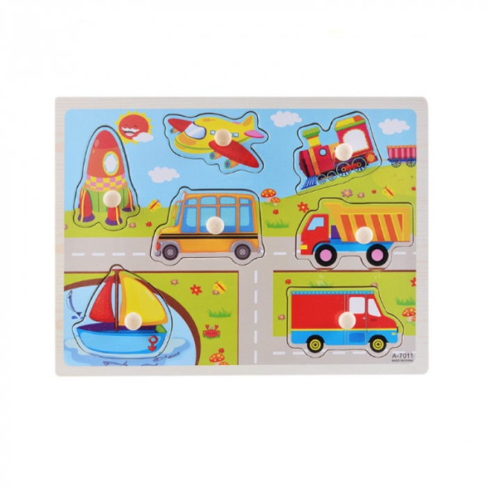Puzzle incastru din lemn cu butoni vehicule [1]