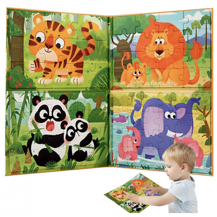 Puzzle magnetic tip carte 4 in 1 pe niveluri 69 de piese animale in jungla [2]