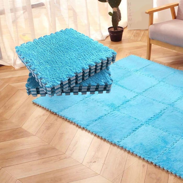 Set 10 Piese Covor tip Puzzle din Spuma EVA, cu suprafata pufoasa, 30 x 30 x 1 cm, Albastru [2]