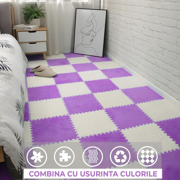 Set 10 Piese Covor tip Puzzle din Spuma EVA, cu suprafata pufoasa, 30 x 30 x 1 cm, Mov [3]