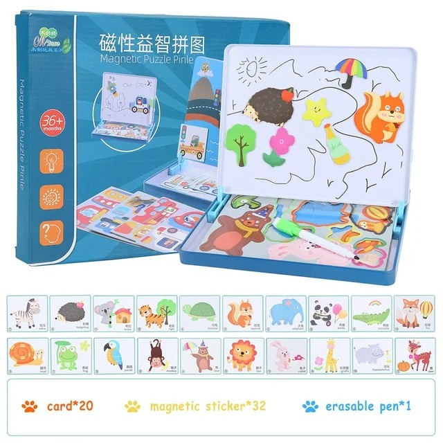 Set 2 in 1 puzzle magnetic in cutie metalica si tabla de scris ANIMALE DIN PADURE [2]