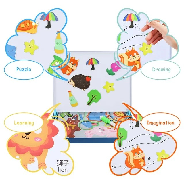 Set 2 in 1 puzzle magnetic in cutie metalica si tabla de scris ANIMALE DIN PADURE [4]