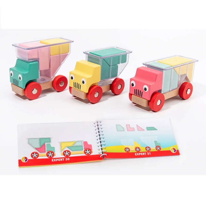 Set 3 camioane din lemn cu figuri geometrice tip puzzle 3D Assembling Toy Truck [3]