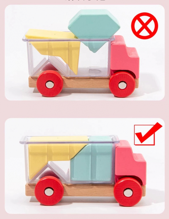 Set 3 camioane din lemn cu figuri geometrice tip puzzle 3D Assembling Toy Truck [5]