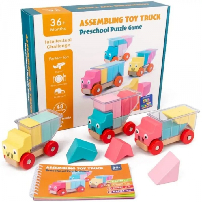 Set 3 camioane din lemn cu figuri geometrice tip puzzle 3D Assembling Toy Truck [2]