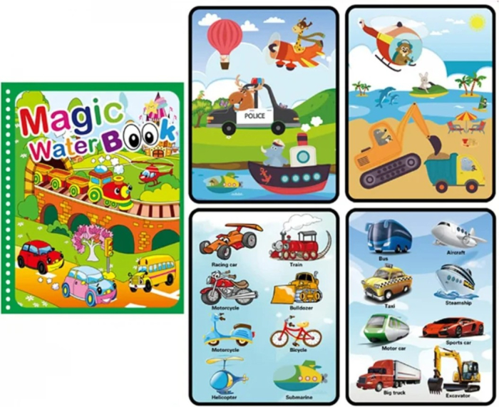 Set 3 carti de colorat cu apa Magic Water Book animale, animale marine si vehicule [9]
