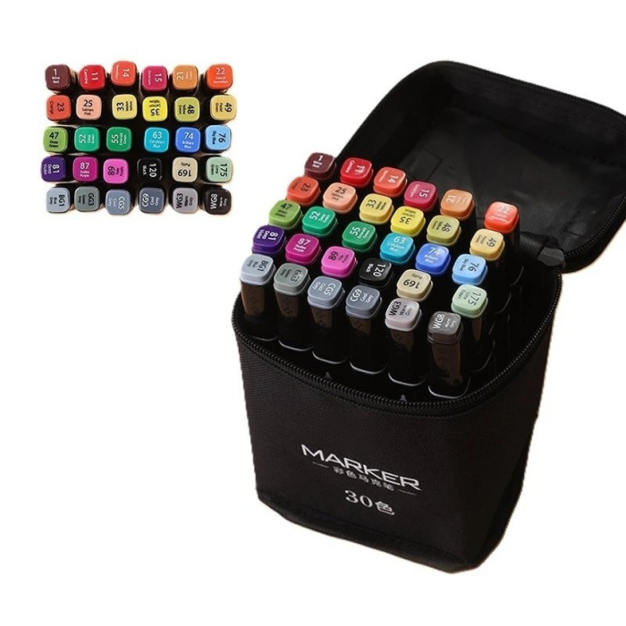 Set 30 Markere pe baza de alcool cu dublu capat, Subtire 1 mm si Gros 6 mm, Geanta Depozitare [2]