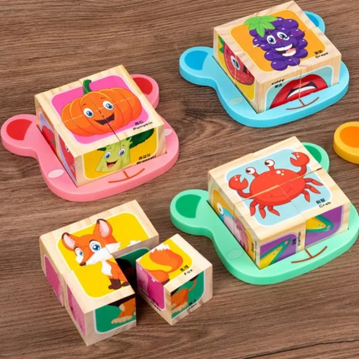 Set 4 cuburi din lemn cu puzzle fructe [2]