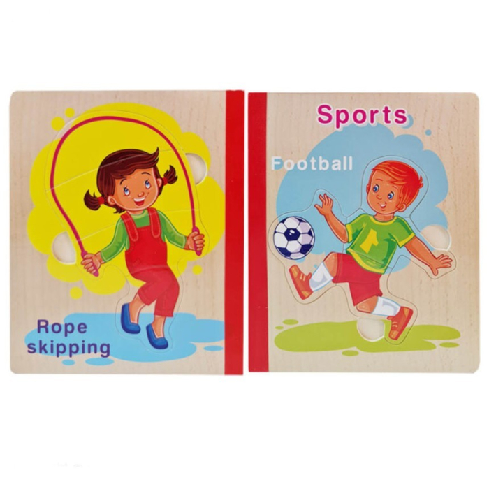 Set 6 puzzle din lemn de tip carte cu 4-6 piese mari Sporturi [4]