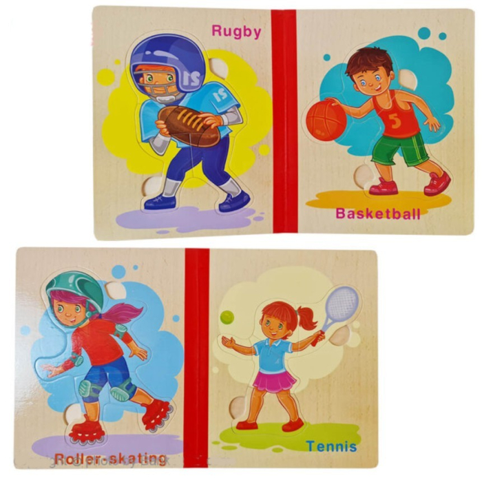 Set 6 puzzle din lemn de tip carte cu 4-6 piese mari Sporturi [5]
