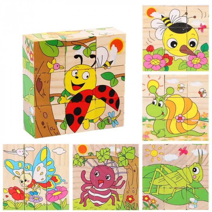 Set 9 cuburi din lemn cu puzzle insecte [3]