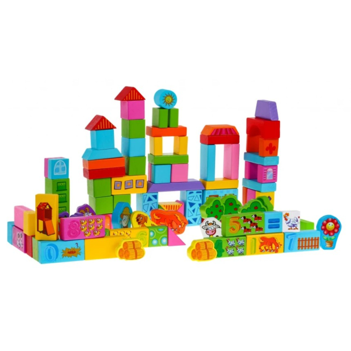 Set de cuburi din lemn pentru construit 100 de piese FERMA ANIMALELOR Farm Animals Blocks [2]
