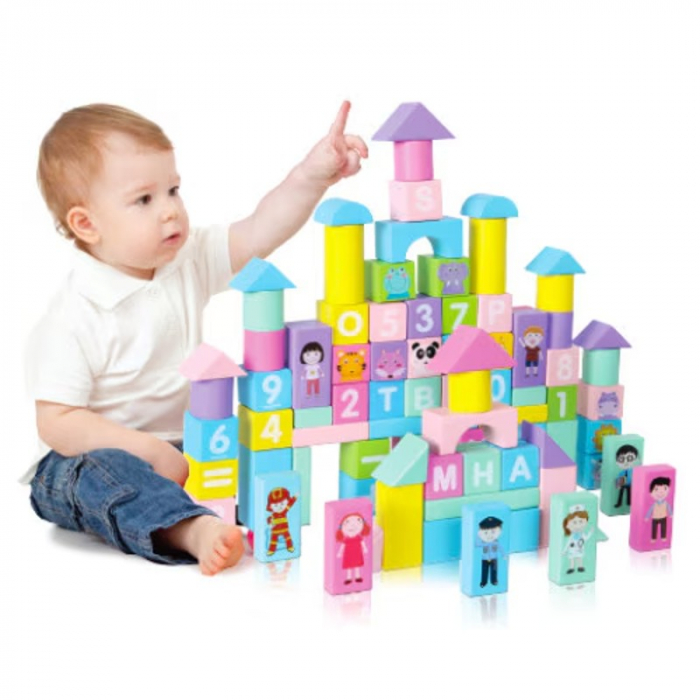 Set de cuburi din lemn pentru construit 100 de piese litere, numere, meserii- Learning Blocks [3]