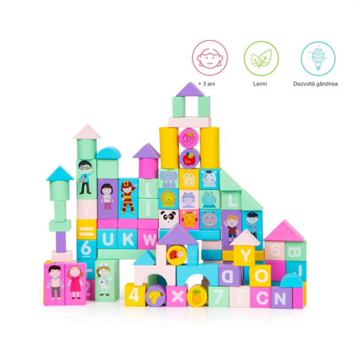 Set de cuburi din lemn pentru construit 100 de piese litere, numere, meserii- Learning Blocks [4]