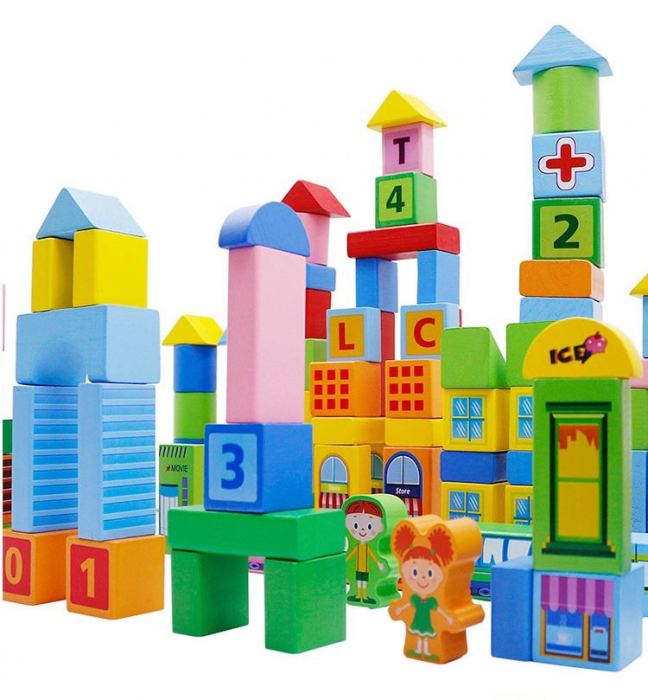 Set de cuburi din lemn pentru construit 100 de piese litere, numere, Oraselul inteligent. Smart Town Blocks [2]