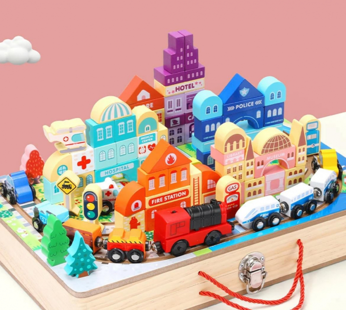 Set de joaca din lemn trenulet pe sine si cuburi de construit ORASELUL VALIZA  Track Box City [2]