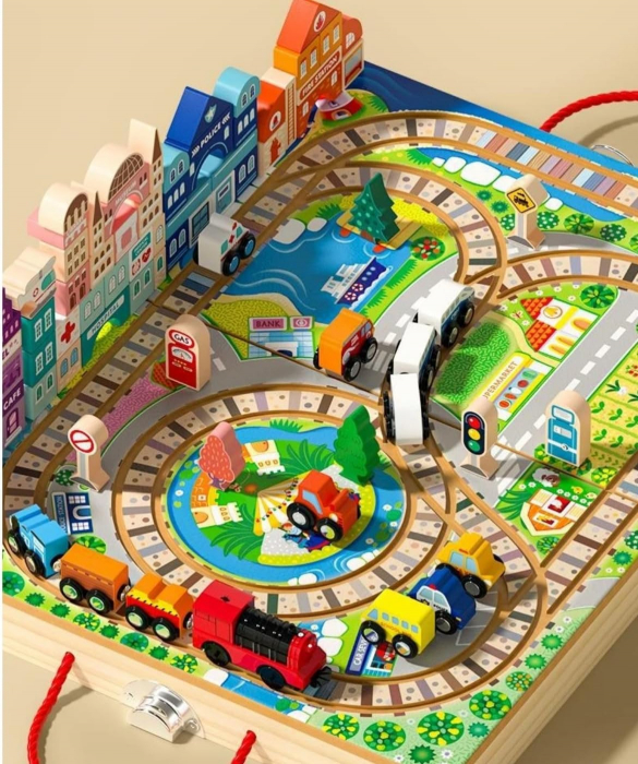 Set de joaca din lemn trenulet pe sine si cuburi de construit ORASELUL VALIZA  Track Box City [7]