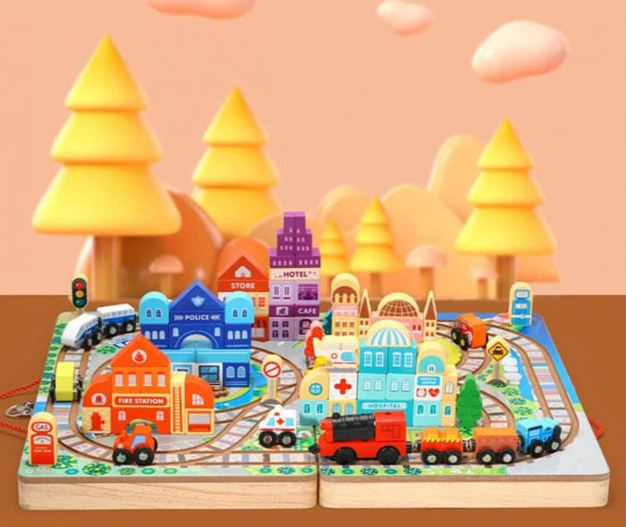 Set de joaca din lemn trenulet pe sine si cuburi de construit ORASELUL VALIZA  Track Box City [5]
